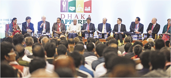 Sixth from left, Shahriar Alam, state minister for foreign affairs, attends a discussion on responsible buying and better productivity at Dhaka Apparel Summit at Bangabandhu International Conference Centre in the capital. Photo: Star