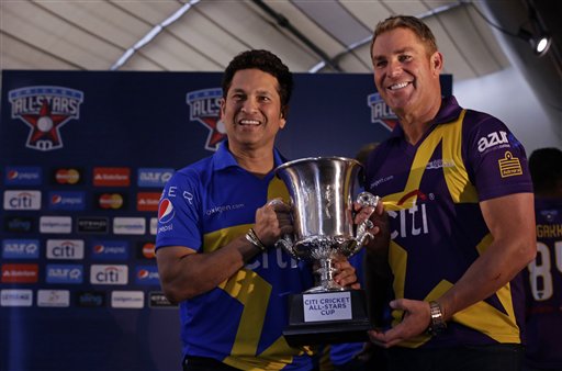 IMAGE DISTRIBUTED FOR CRICKET ALL STARS - Sachin Tendulkar, left, and Shane Warne in New York City during the Live Draw press conference on Thursday, Nov. 5, 2015 for the "Cricket All-Stars featuring renowned cricketers who will play in MLB stadiums in NYC, Houston and Los Angeles. The first match will be played at Citi Field on Saturday, Nov. 7, 2015. (Adam Hunger/AP Images for Cricket All Stars)