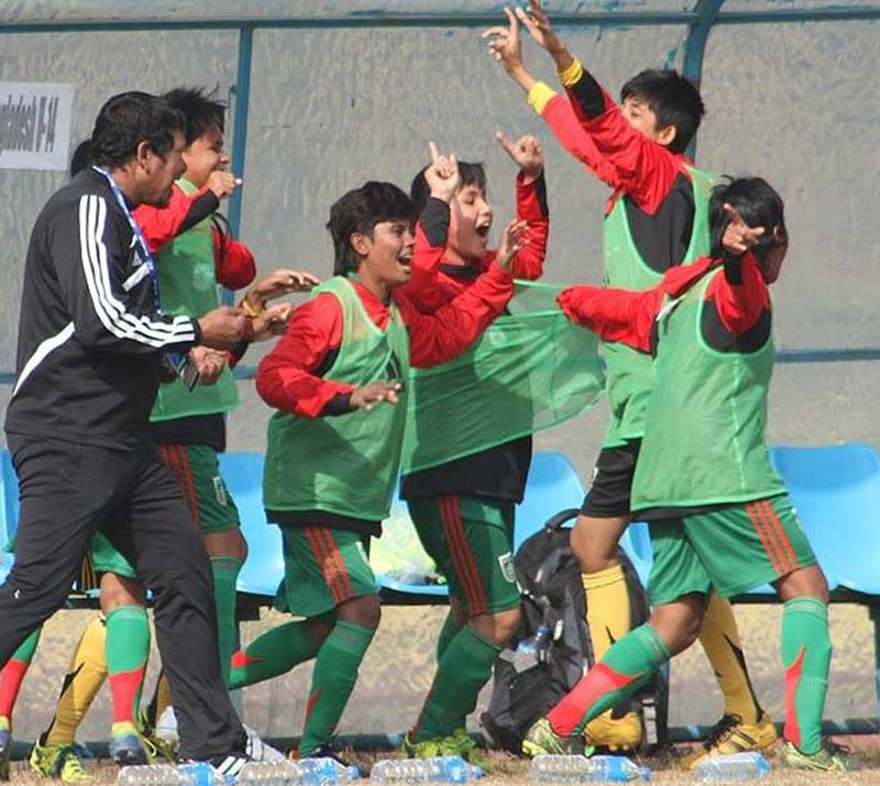 Bangladehsi players celebrate a goal during the final of AFC U-14 Girls' Regional Championship, played in Lalitpur, on Sunday, October 20, 2015. Courtesy: Goalnepal.com