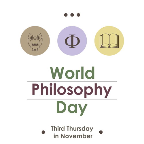 Thin line flat design of World Philosophy Day banner poster or card. Vector icons collection illustration of the worldwide celebrated united nations day isolated on white background. Modern dots concept with owl book philosophers symbol