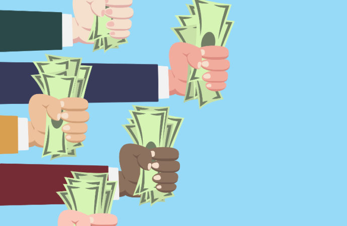 Hands of international businessman grasping money isolated on blue background vector